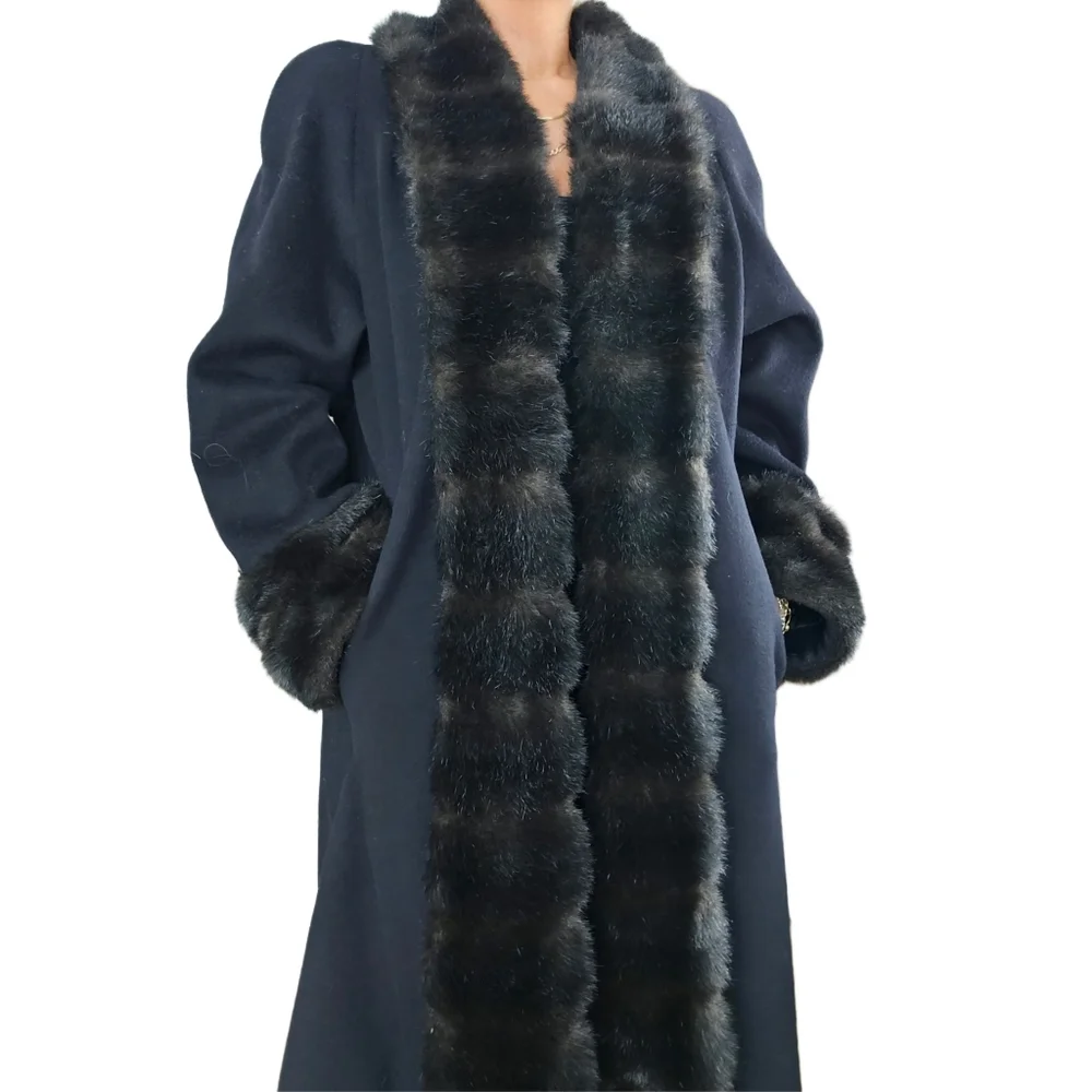 Vintage Wool & Vegan Fur Full Length Long Black Alorna Faux Fur Penny Lane Coat - Picture 6 of 7